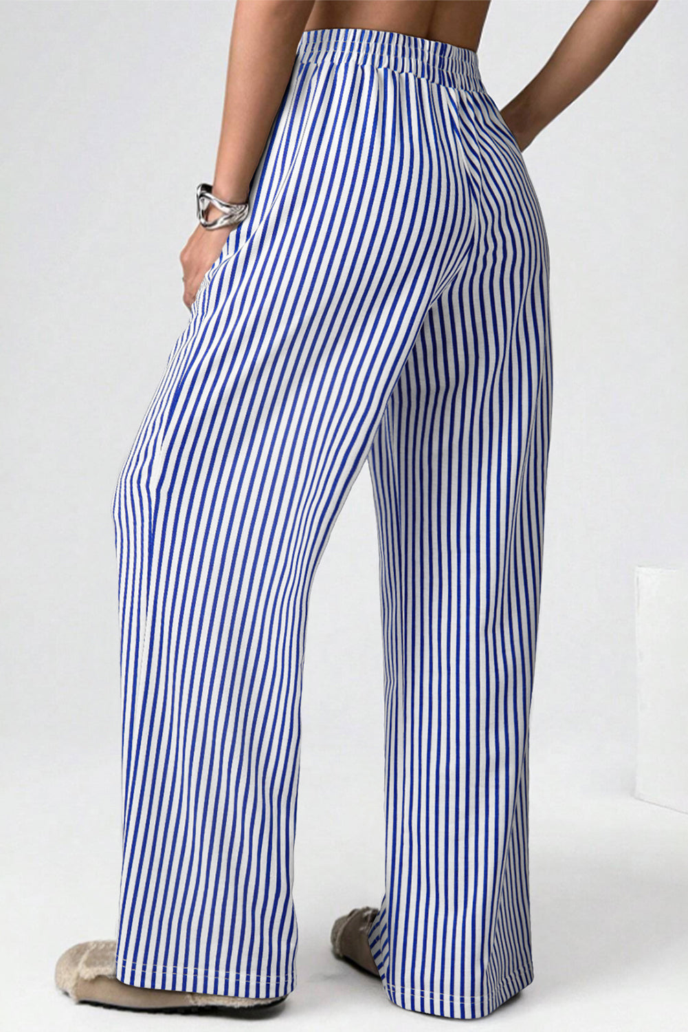 Blue Stripe Elastic High Waist Pocketed Loose Pants