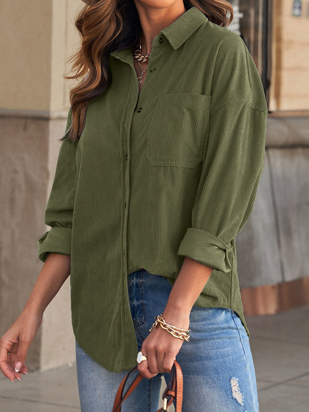 Green Corduroy Button-Up Pocket Blouse