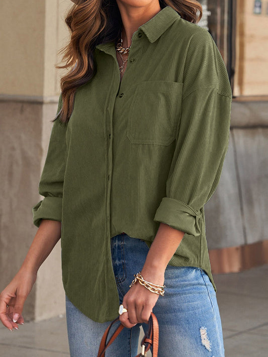 Green Corduroy Button-Up Pocket Blouse