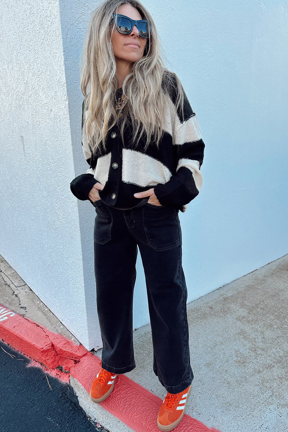 Black Color Block Buttoned V Neck Loose Fit Cardigan