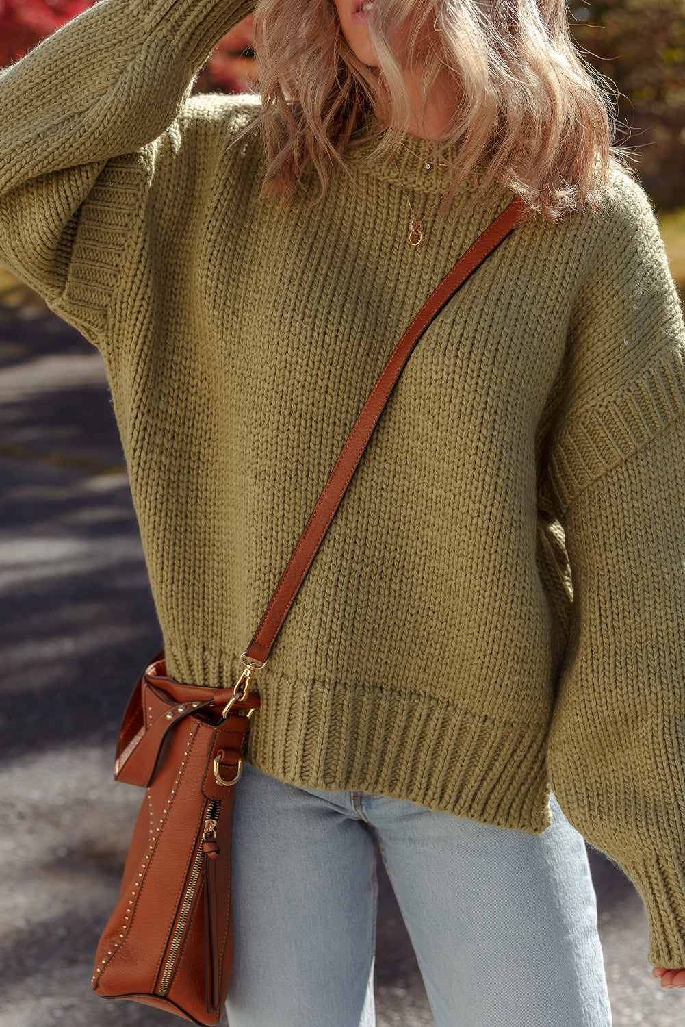 Guacamole Green Solid Color Ruffled Chunky Loose Sweater
