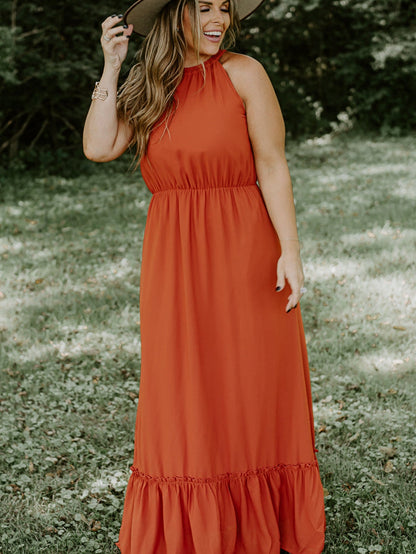Russet Orange Plus Size Ruffled Hem Sleeveless Long Dress