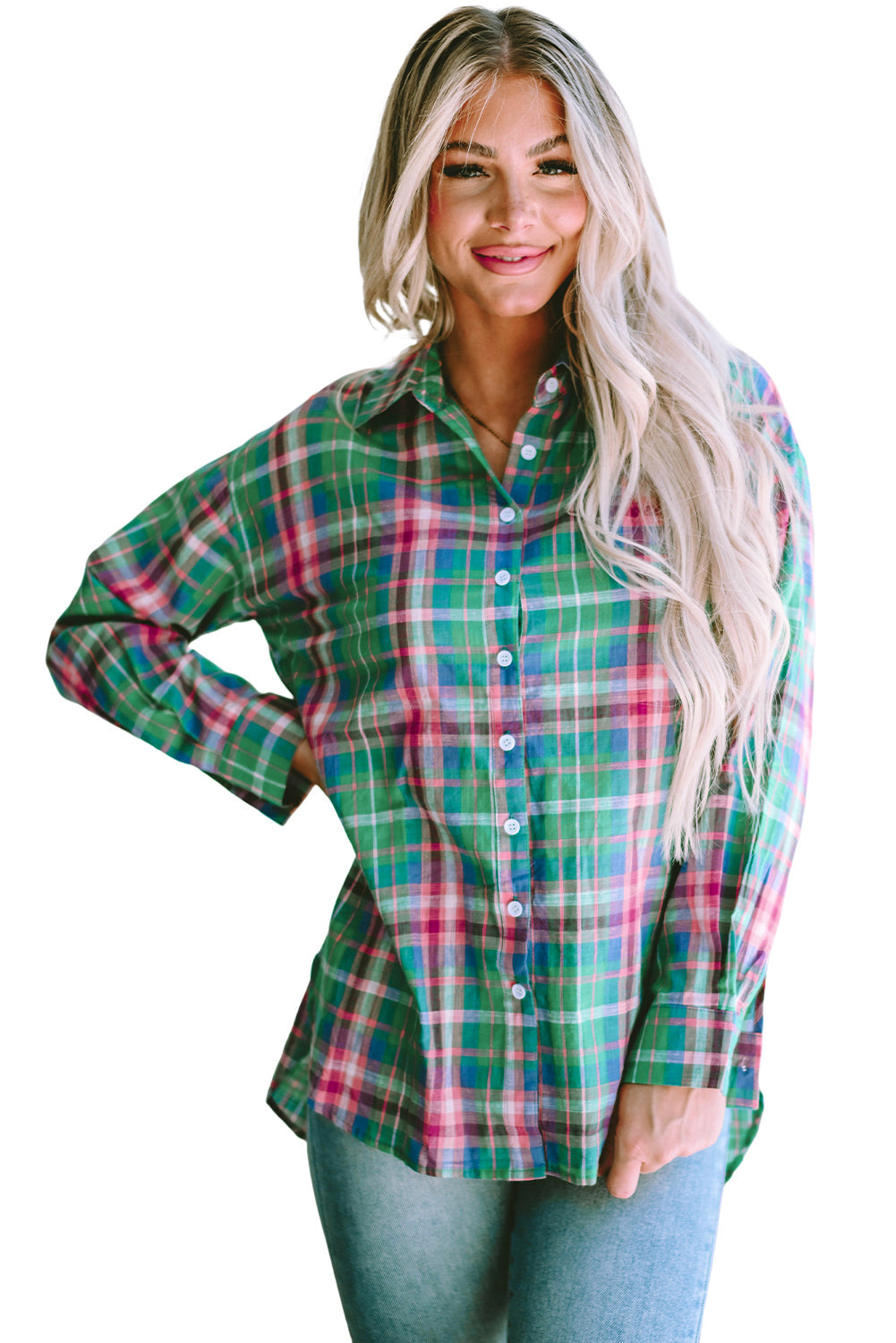Green Plaid Split Detail Button Down Shirt