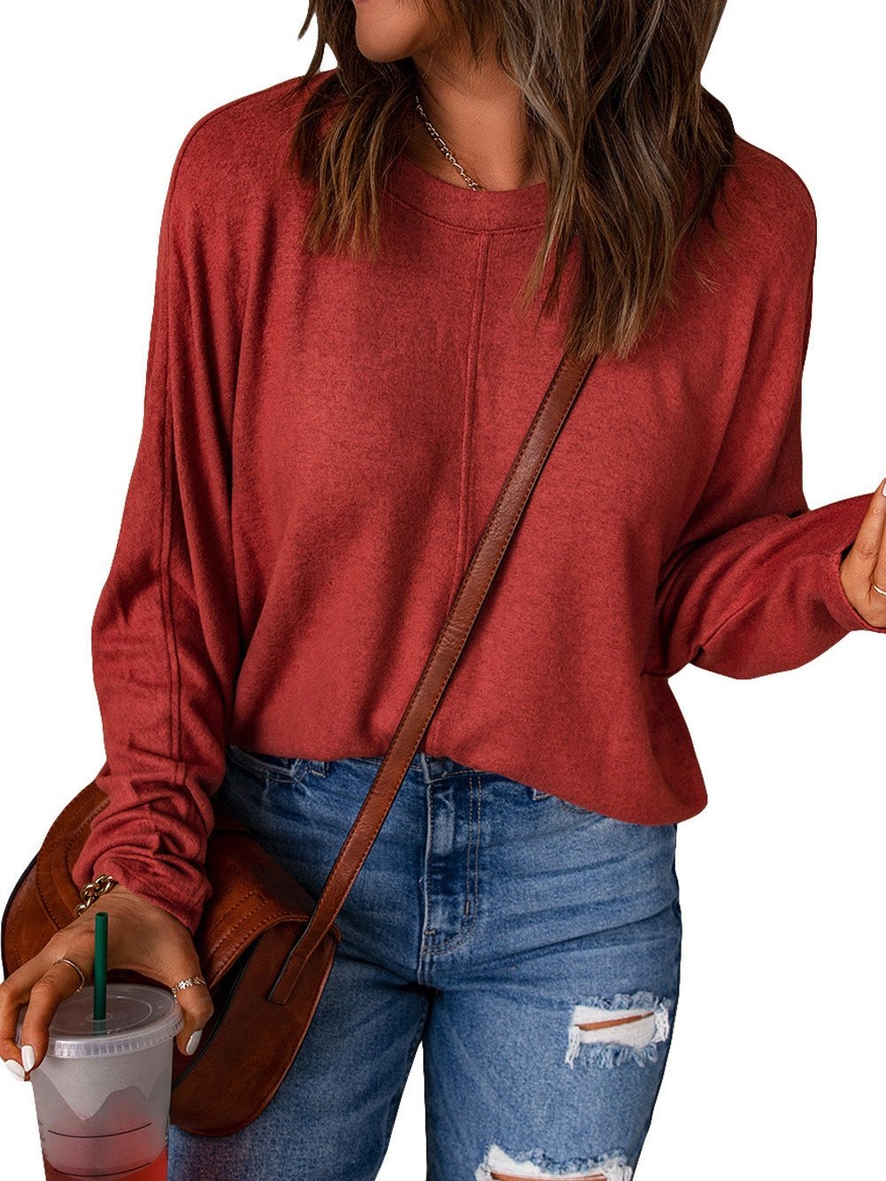 Fiery Red Crew Neck Patchwork Long Sleeve Casual Top