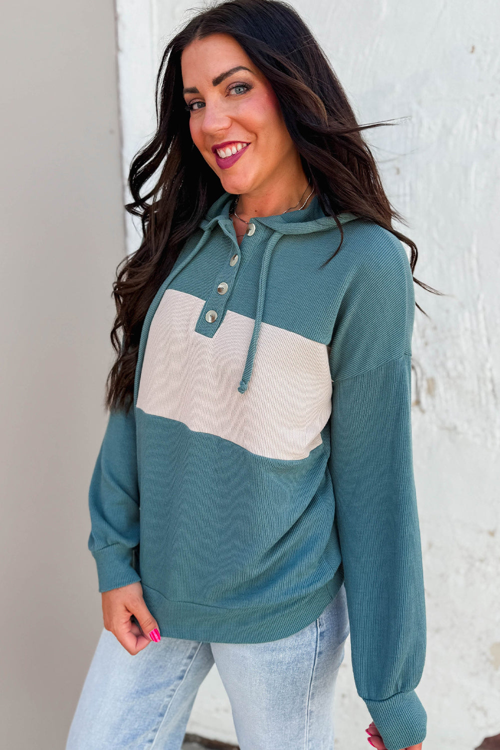 Canton Color Block Ribbed Knit Button Neck Drop Shoulder Hoodie