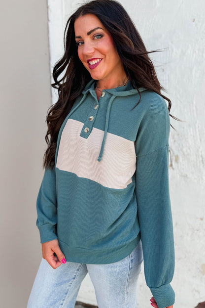 Canton Color Block Ribbed Knit Button Neck Drop Shoulder Hoodie