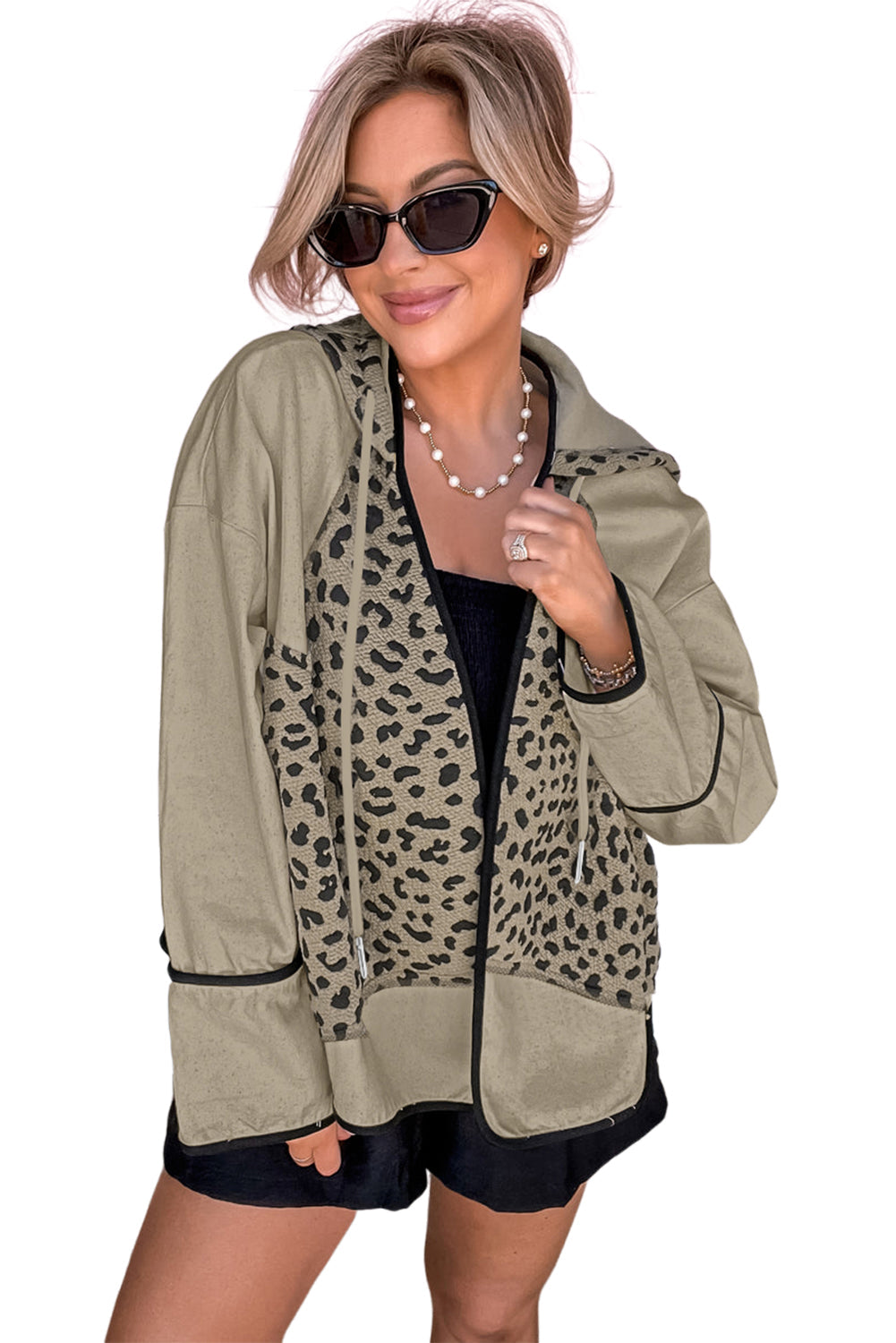 Khaki Leopard Star Hooded Patchwork Contrast Piping Open Front Jacket