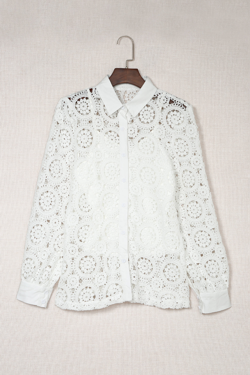 Elegant White Crochet Lace Button-Up Shirt with Turn-down Collar