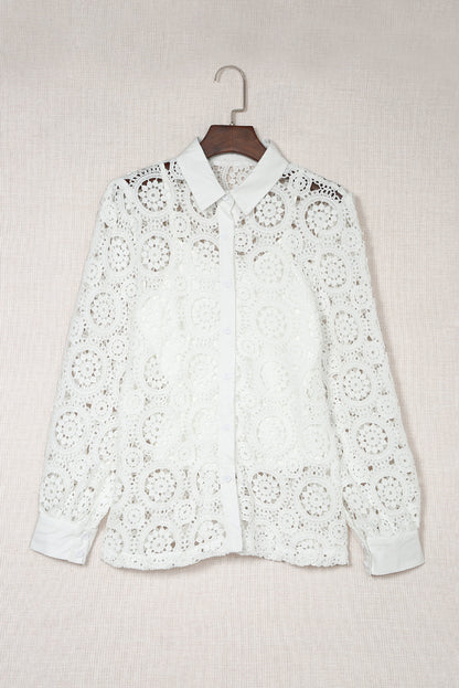 Elegant White Crochet Lace Button-Up Shirt with Turn-down Collar