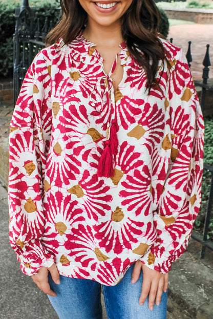 Red Abstract Floral Print Tassel Tie Neck Long Sleeve Blouse