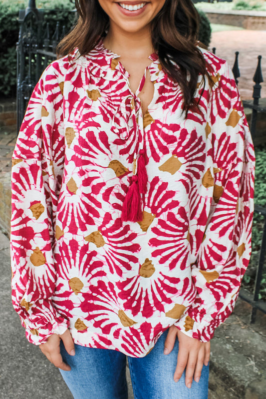 Red Abstract Floral Print Tassel Tie Neck Long Sleeve Blouse