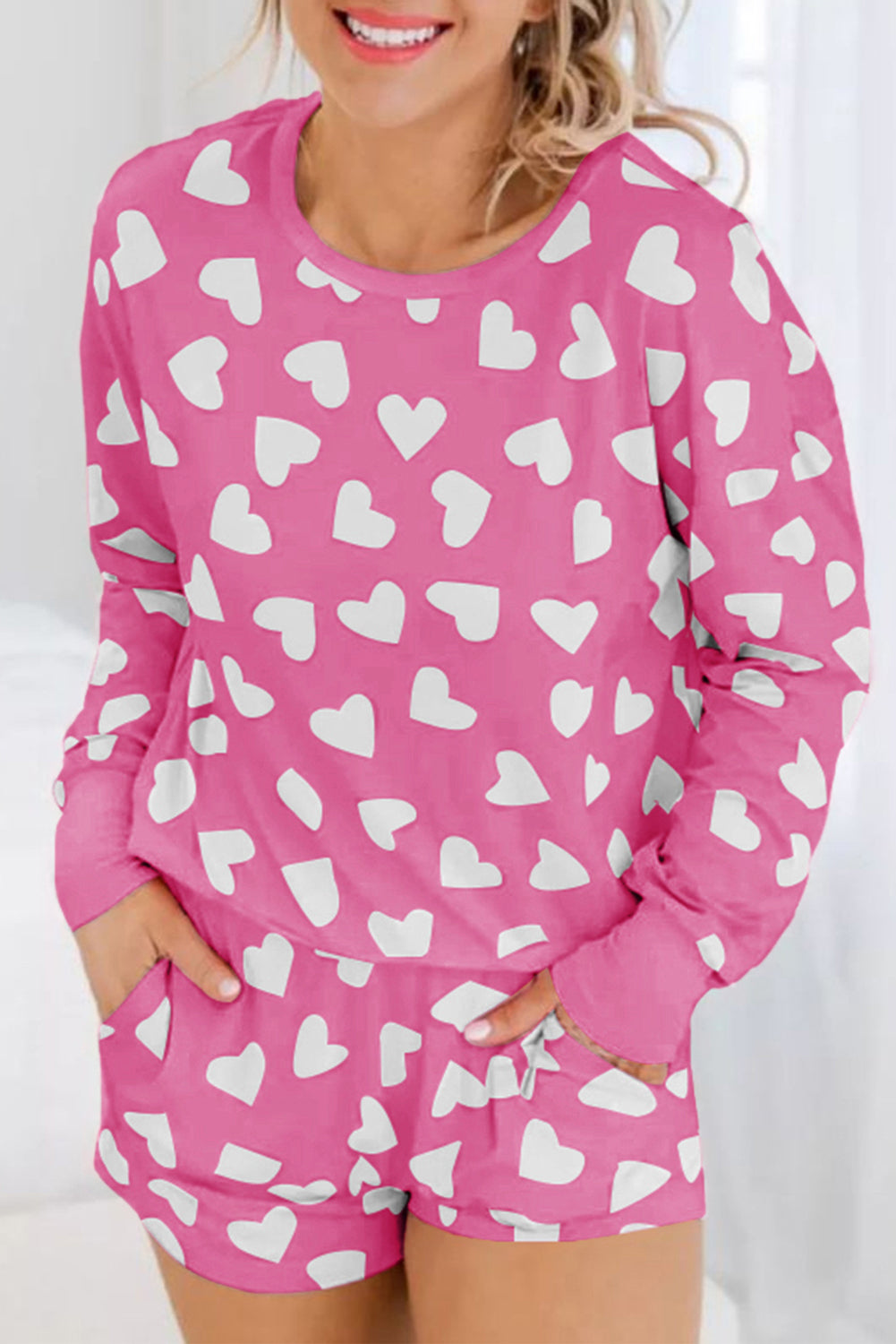 Heartfelt Pink Valentine's Day Lounge Set with Heart Print Top and Shorts