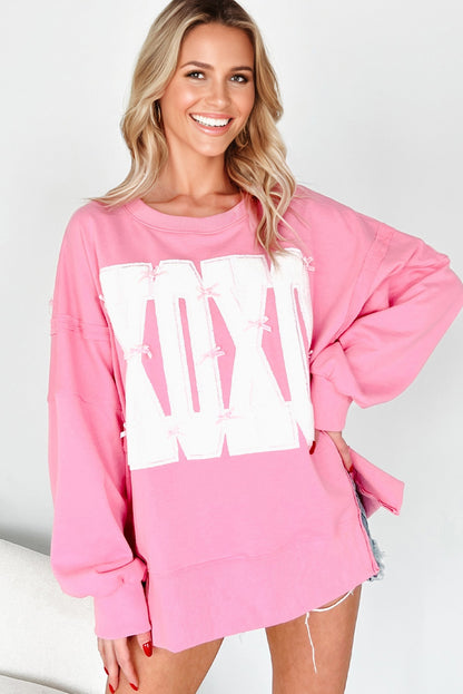 Pink Bow Sequin XOXO Letter Graphic Exposed Seam Baggy Sweatshirt