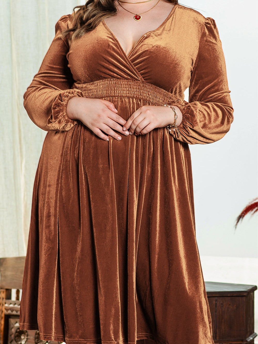 Camel Surplice V Neck Balloon Sleeve Velvet Dress