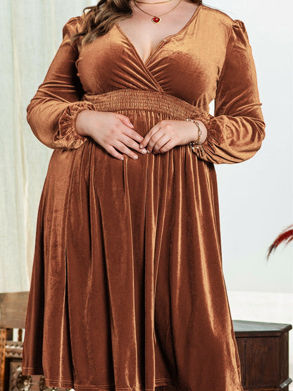 Camel Surplice V Neck Balloon Sleeve Velvet Dress