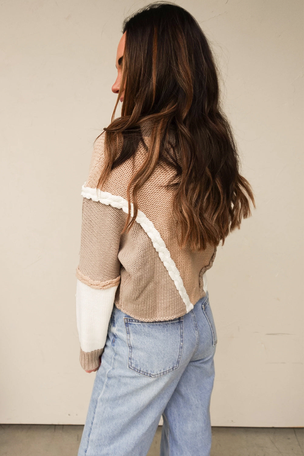 Khaki Braided Trim Color Block Patchwork Knit Sweater