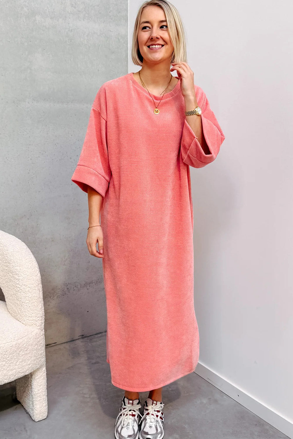 Desert Flower Corduroy Drop Shoulder Loose T Shirt Dress