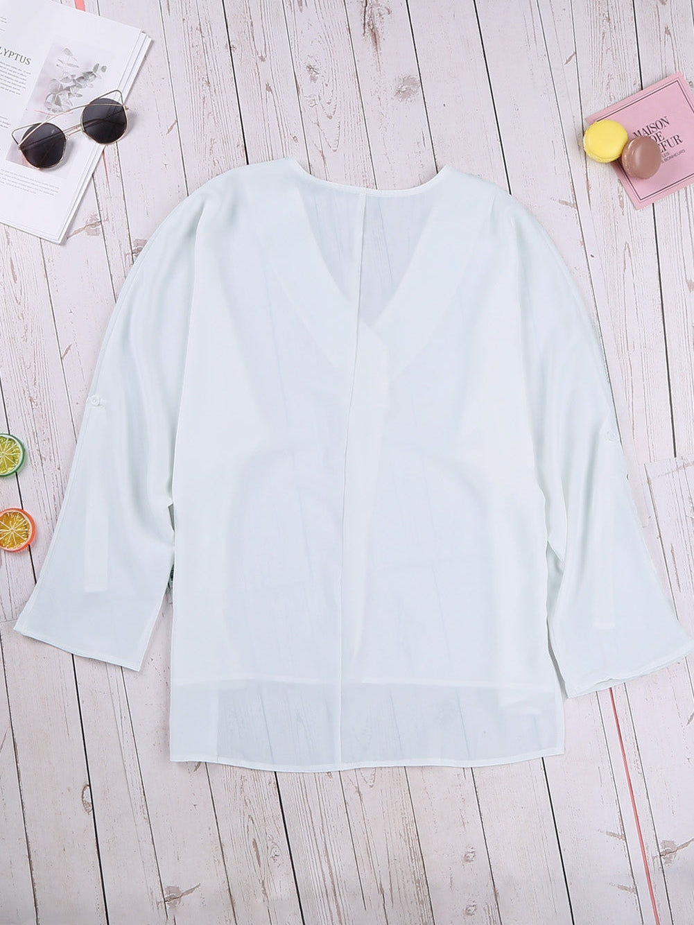 Elegant White V Neck High Low Hem Blouse