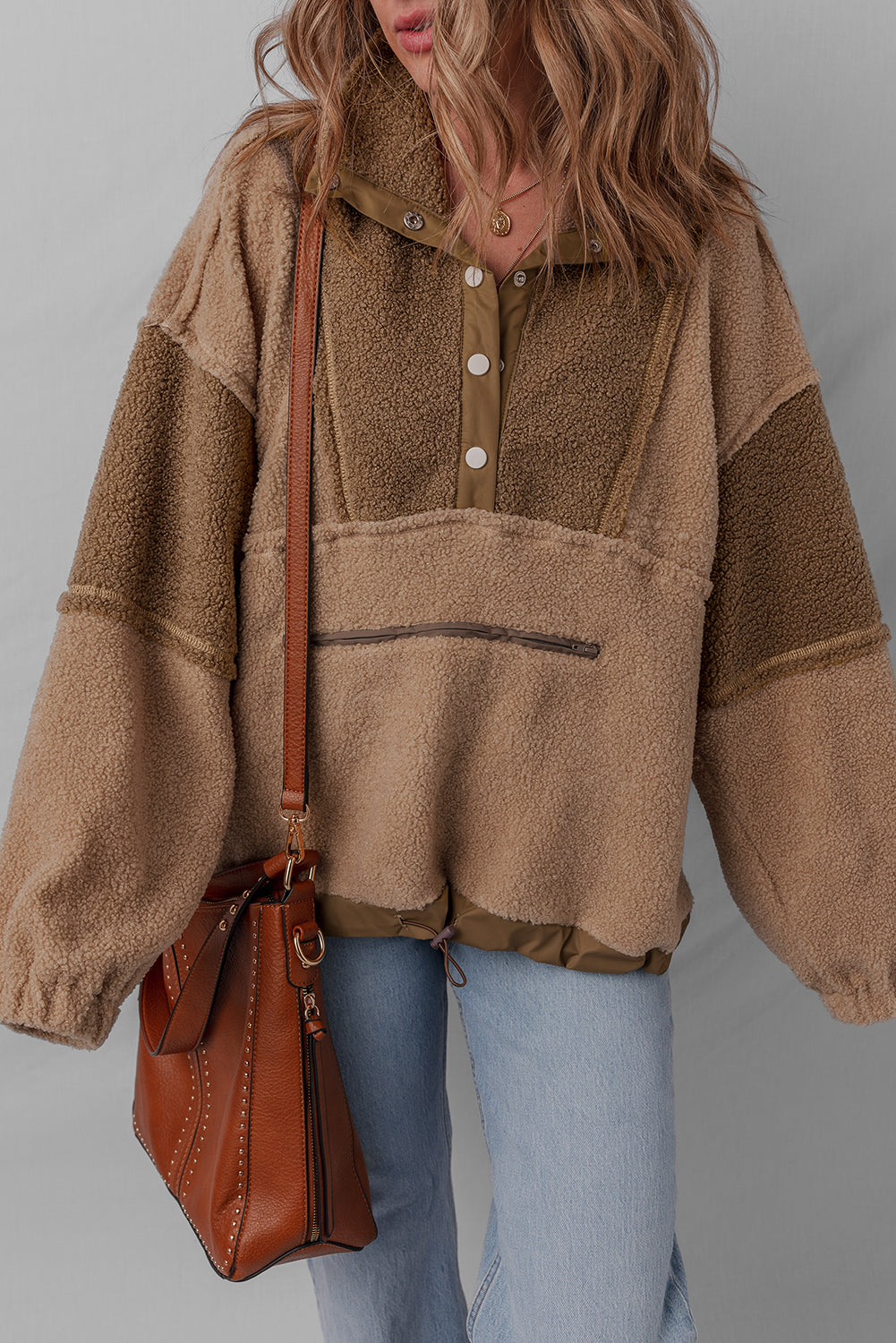 Straw Yellow 2-tone Color Block Patchwork Half Button Sherpa Sweatshirt