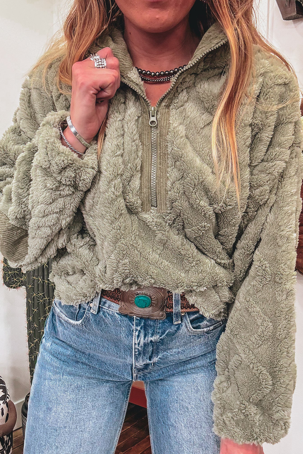 Laurel Green Textured Plush Half Zip Stand Neck Sweatshirt