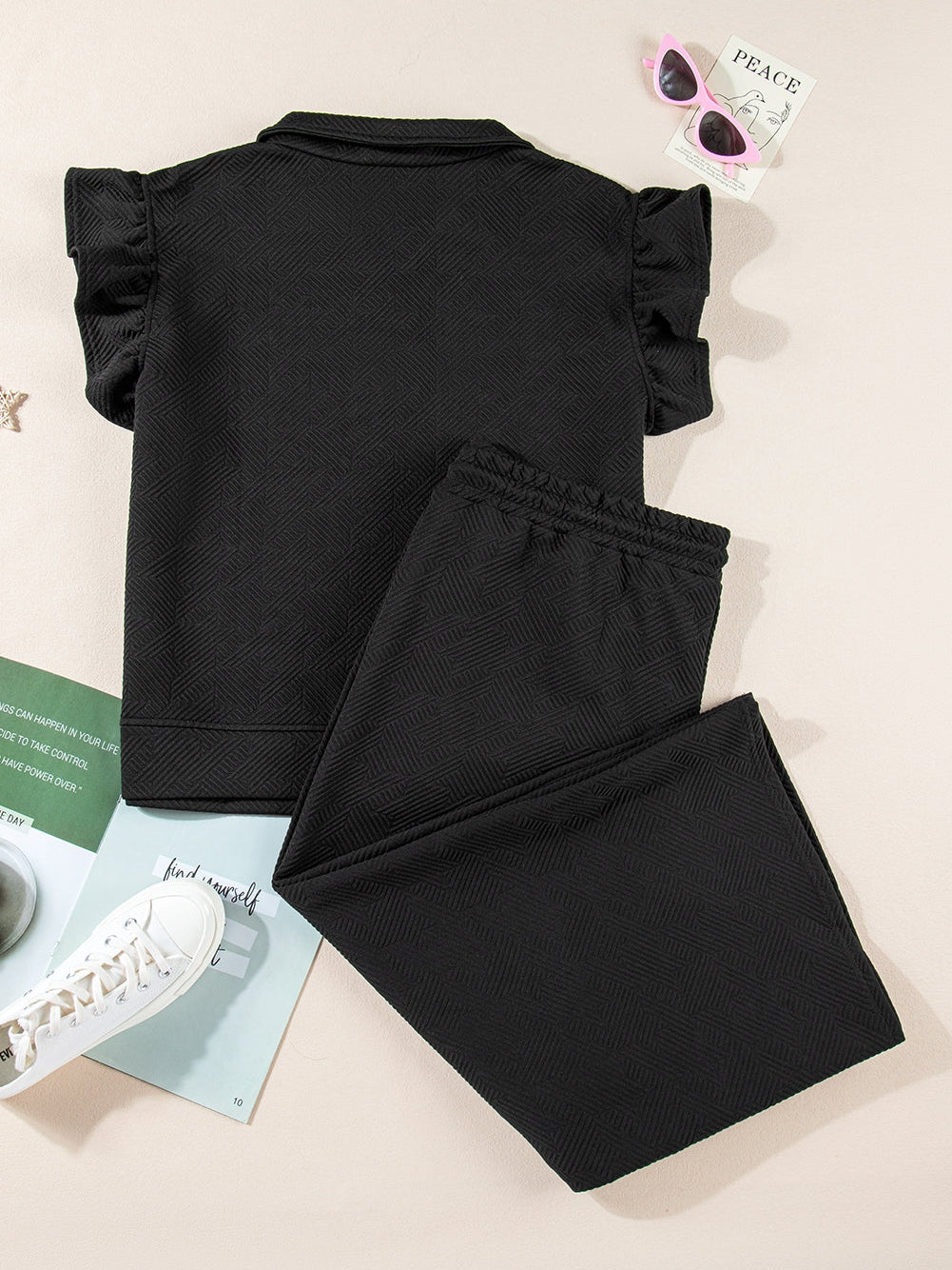 Chic Black Ruffle Sleeve Quarter Zip Top with Wide Leg Pants Set