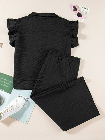 Chic Black Ruffle Sleeve Quarter Zip Top with Wide Leg Pants Set