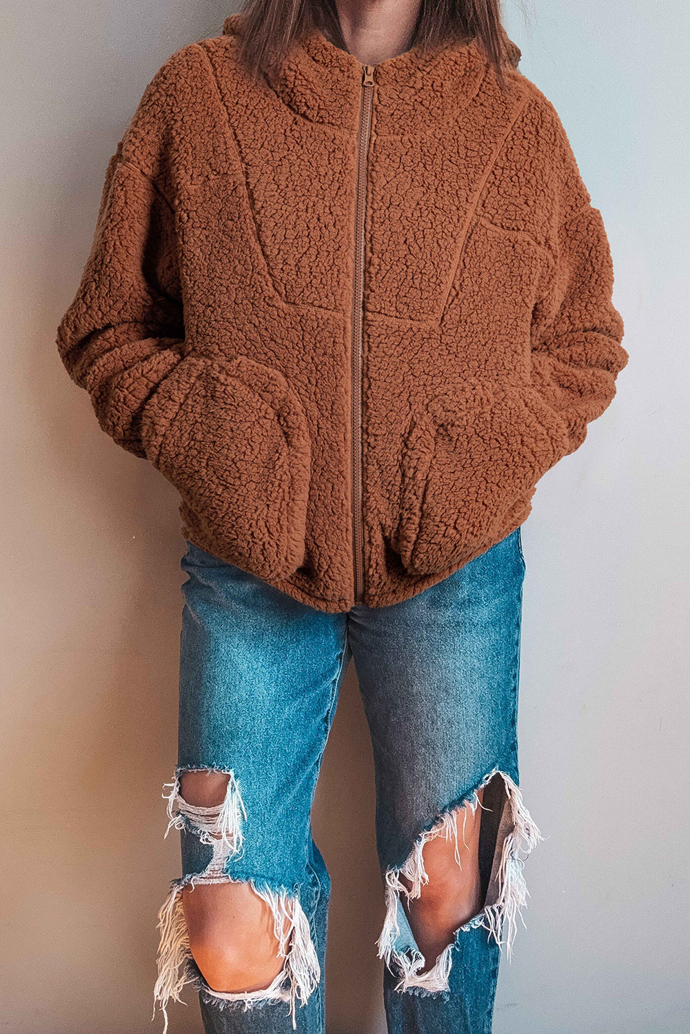 Straw Yellow Zip Up Hooded Sherpa Jacket