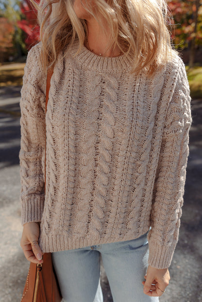 Parchment Cable Knit Crew Neck Drop Shoulder Casual Sweater