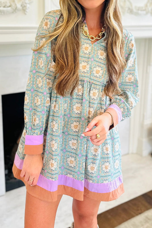 Green Geometric Floral Print Contrasted Striped Trim Long Sleeve Mini Dress