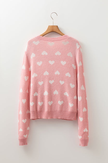 Light Pink Heart Pattern Button Front Cardigan Sweater