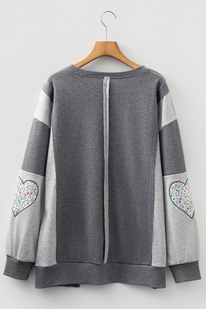 Dark Grey LOVE Graphic Exposed Seam Patchwork Uneven Hem Chic Sweatshirt