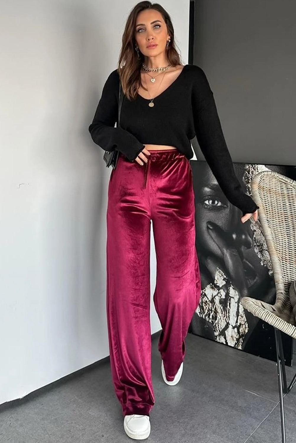 Pitaya Pink Shiny Velvet Drawstring High Waist Straight Leg Casual Pants