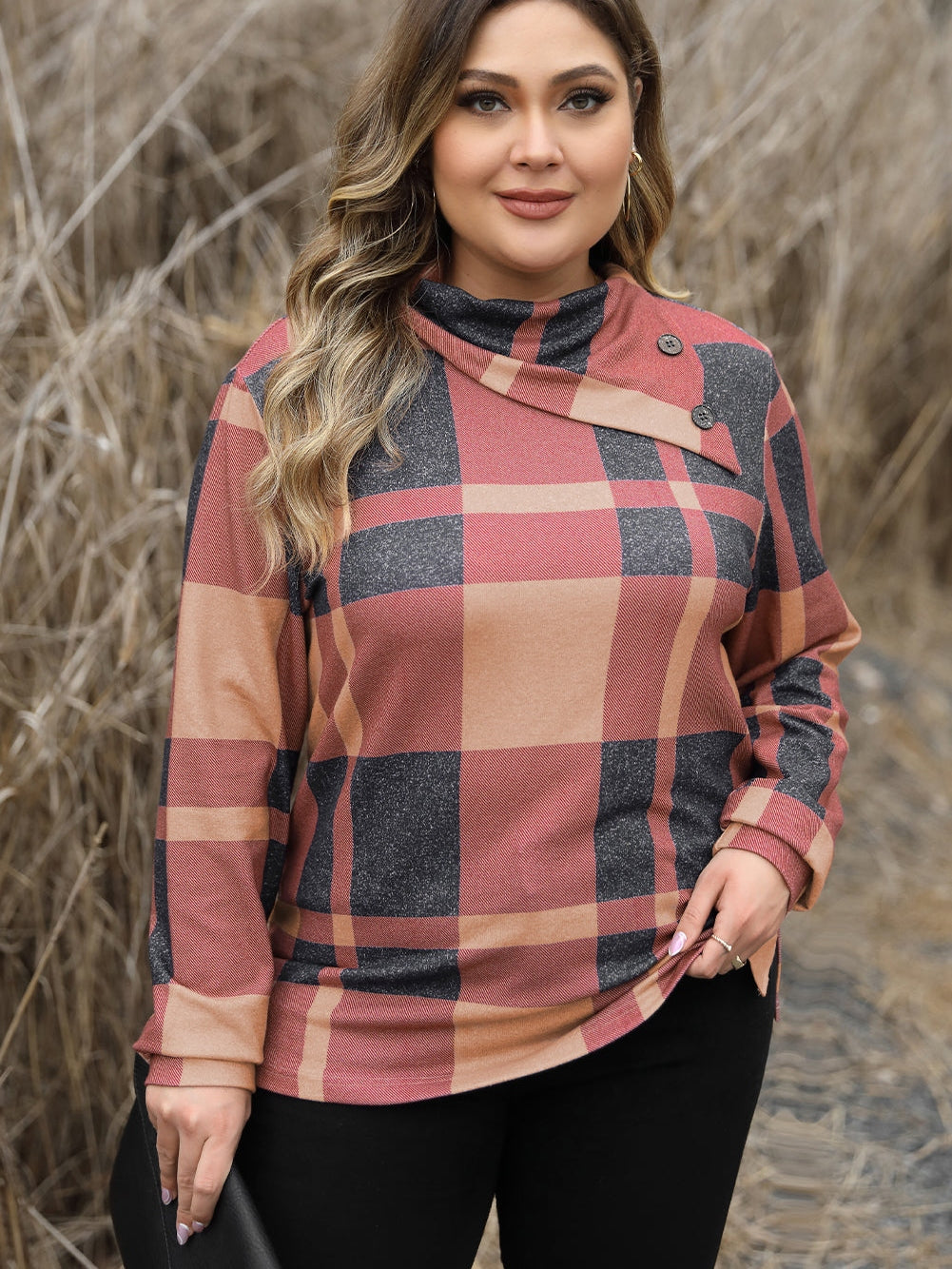 Mineral Red Geometric Print Plus Size Long Sleeve Collared Top