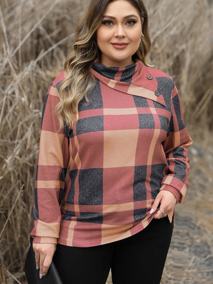 Mineral Red Geometric Print Plus Size Long Sleeve Collared Top