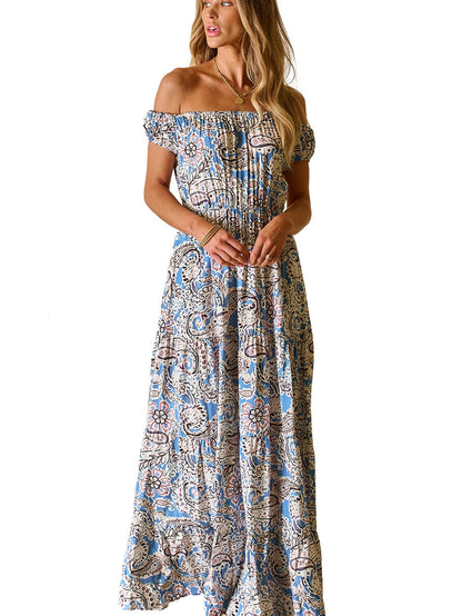 Printed V-Neck Off-Shoulder Short Sleeve Dress