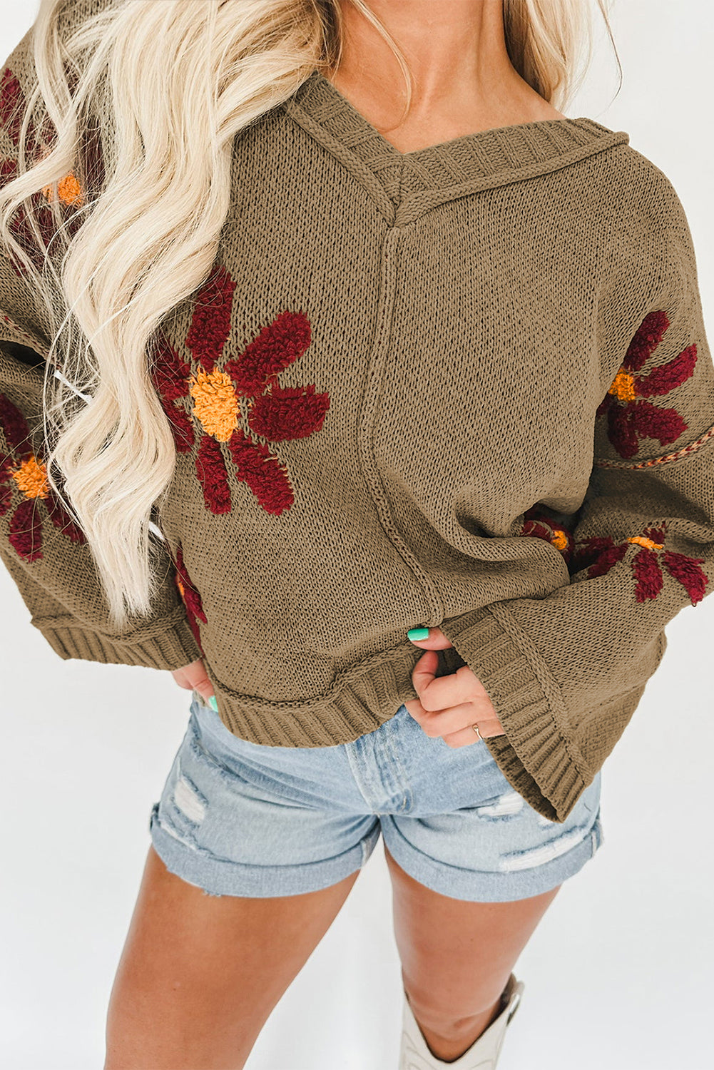 Green Floral Knit V Neck Sweater with Ribbed Trim