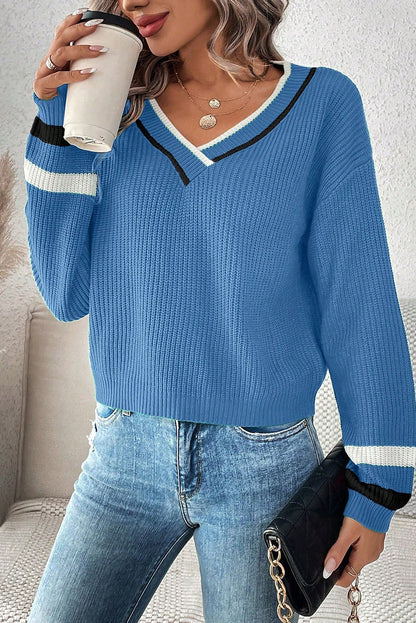 Blue Contrast Striped Trim V Neck Drop Shoulder Sweater
