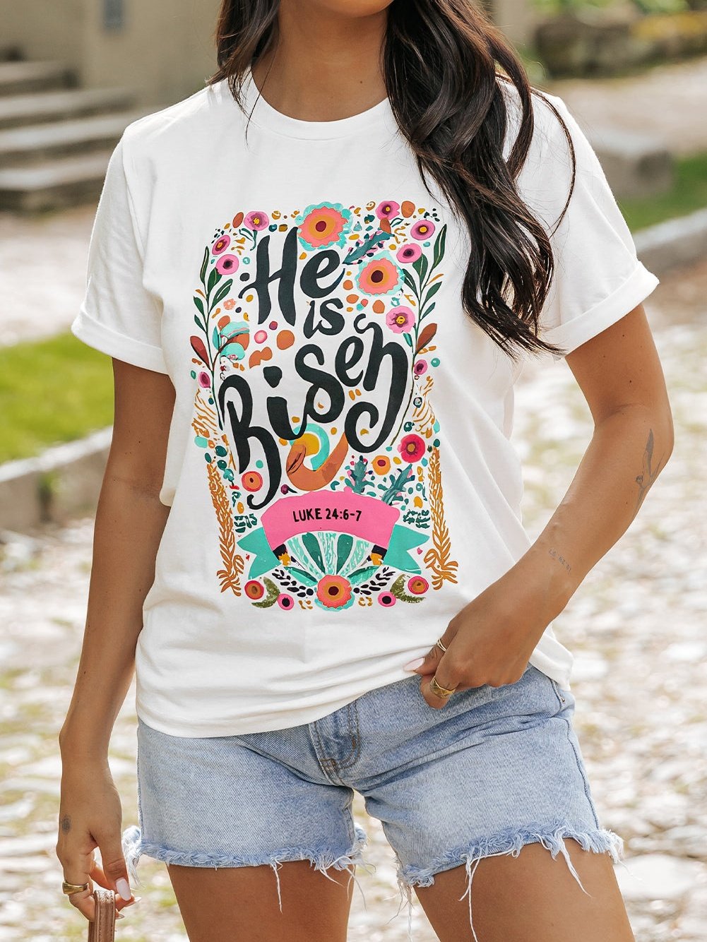 He Has Risen White Floral Round Neck Tee