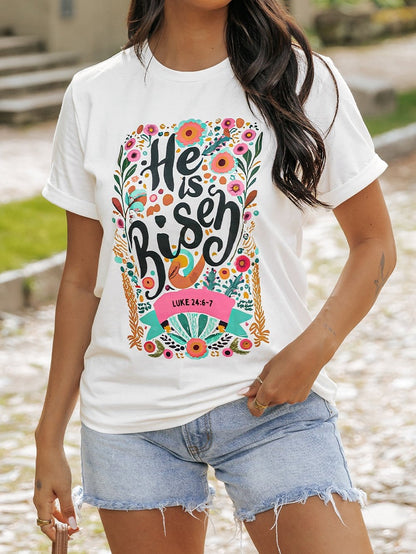 He Has Risen White Floral Round Neck Tee