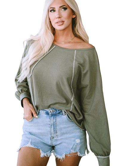 Green Exposed Stitch Detail Dolman Sleeve Patchwork Blouse