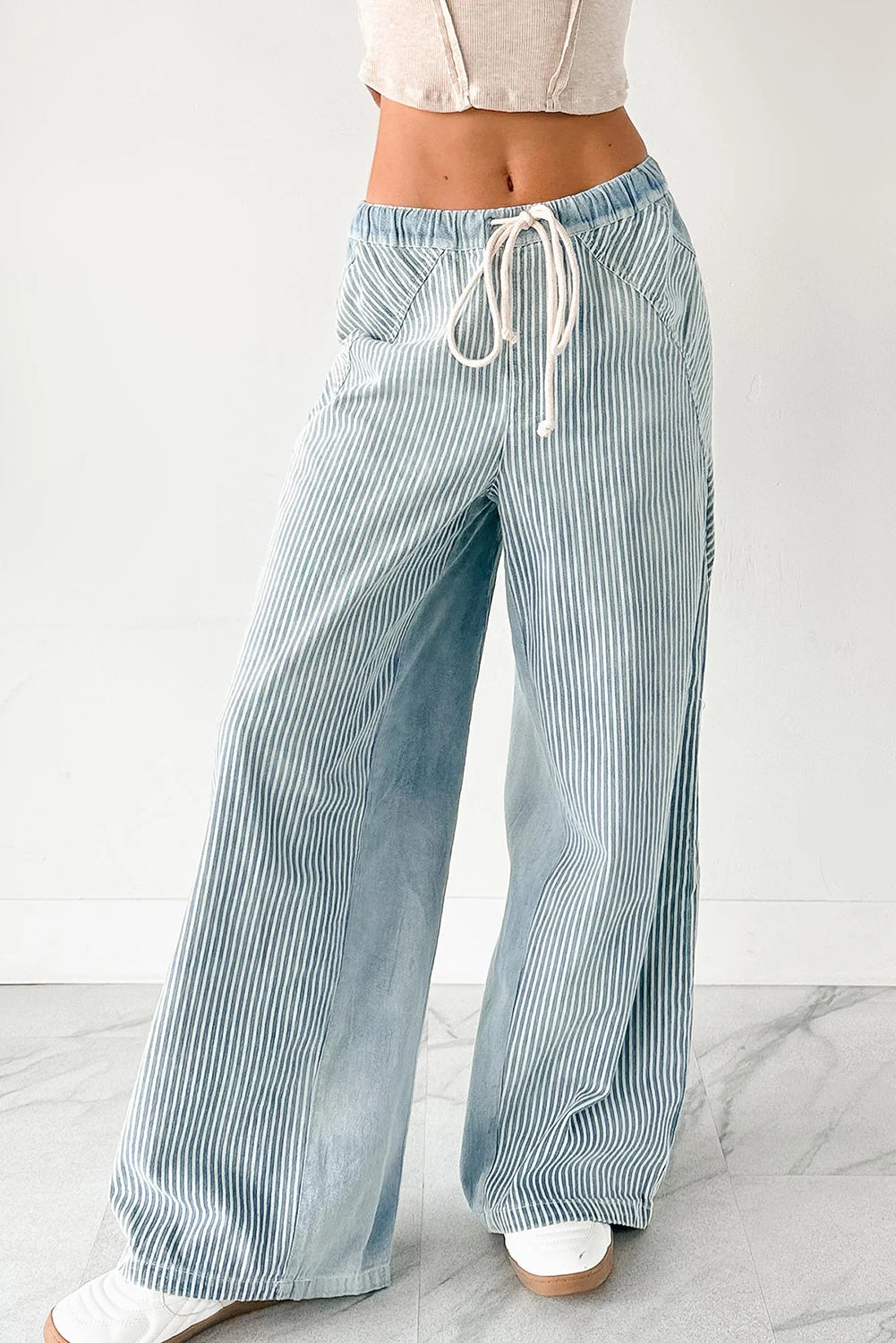 Sky Blue Stripe Contrast Drawstring Wide Leg Patchwork Jeans