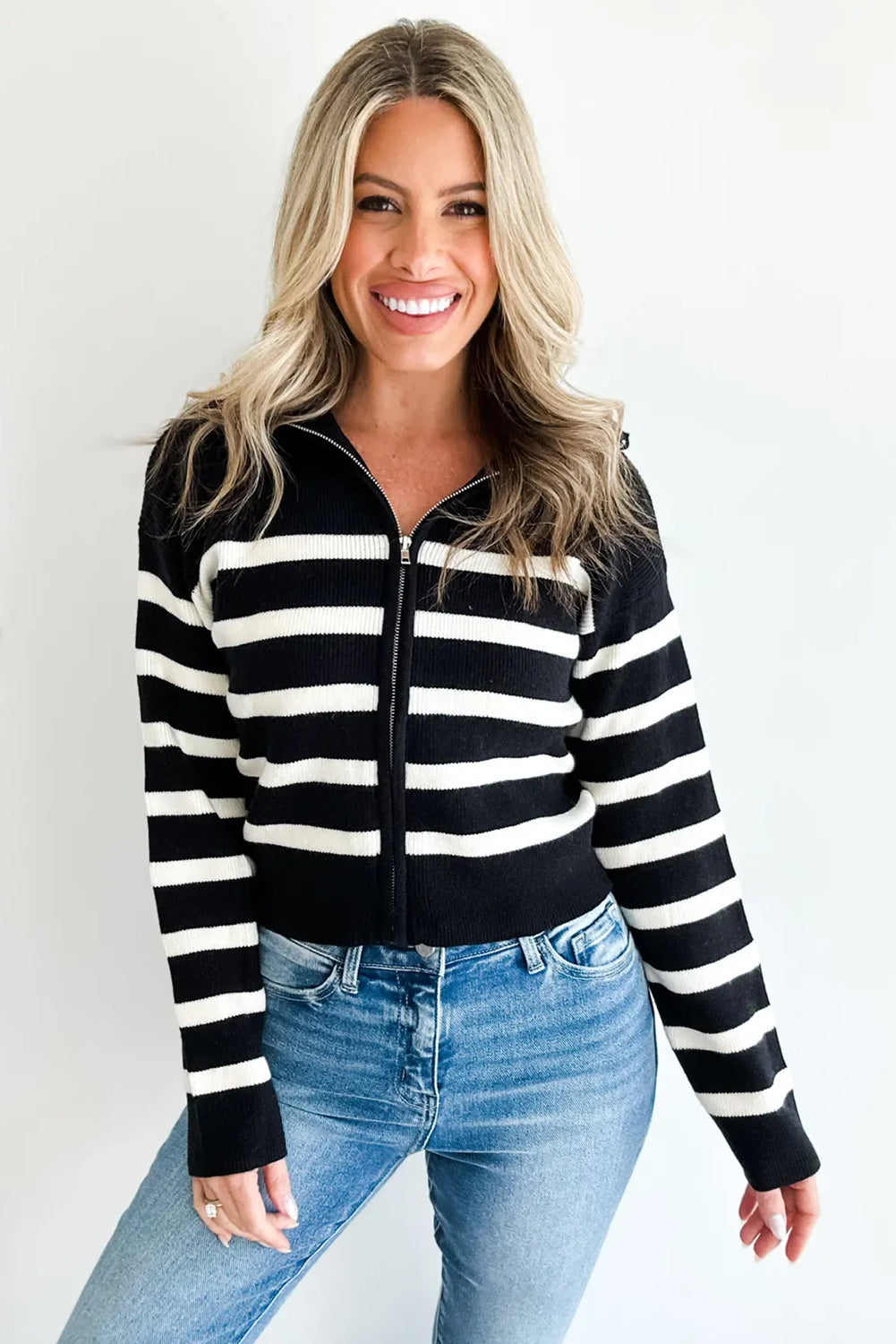 Black Stripe Ribbed Knit Zip Up Drop Shoulder Sweater Cardigan