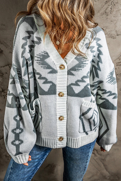 Gray Geometric Print Ribbed Detail Cardigan with Button-Up Front