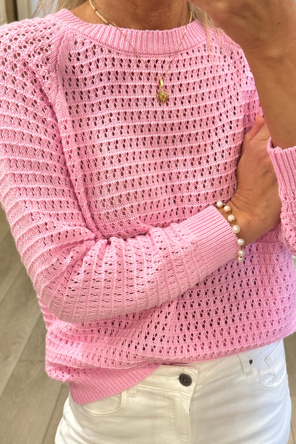 Pink Solid Color Pointellet Knit Raglan Sleeve Sweater