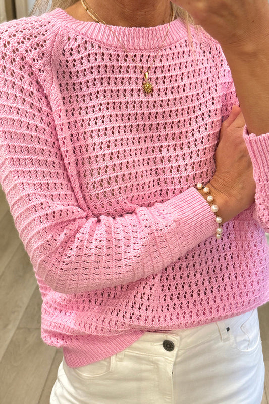 Pink Solid Color Pointellet Knit Raglan Sleeve Sweater