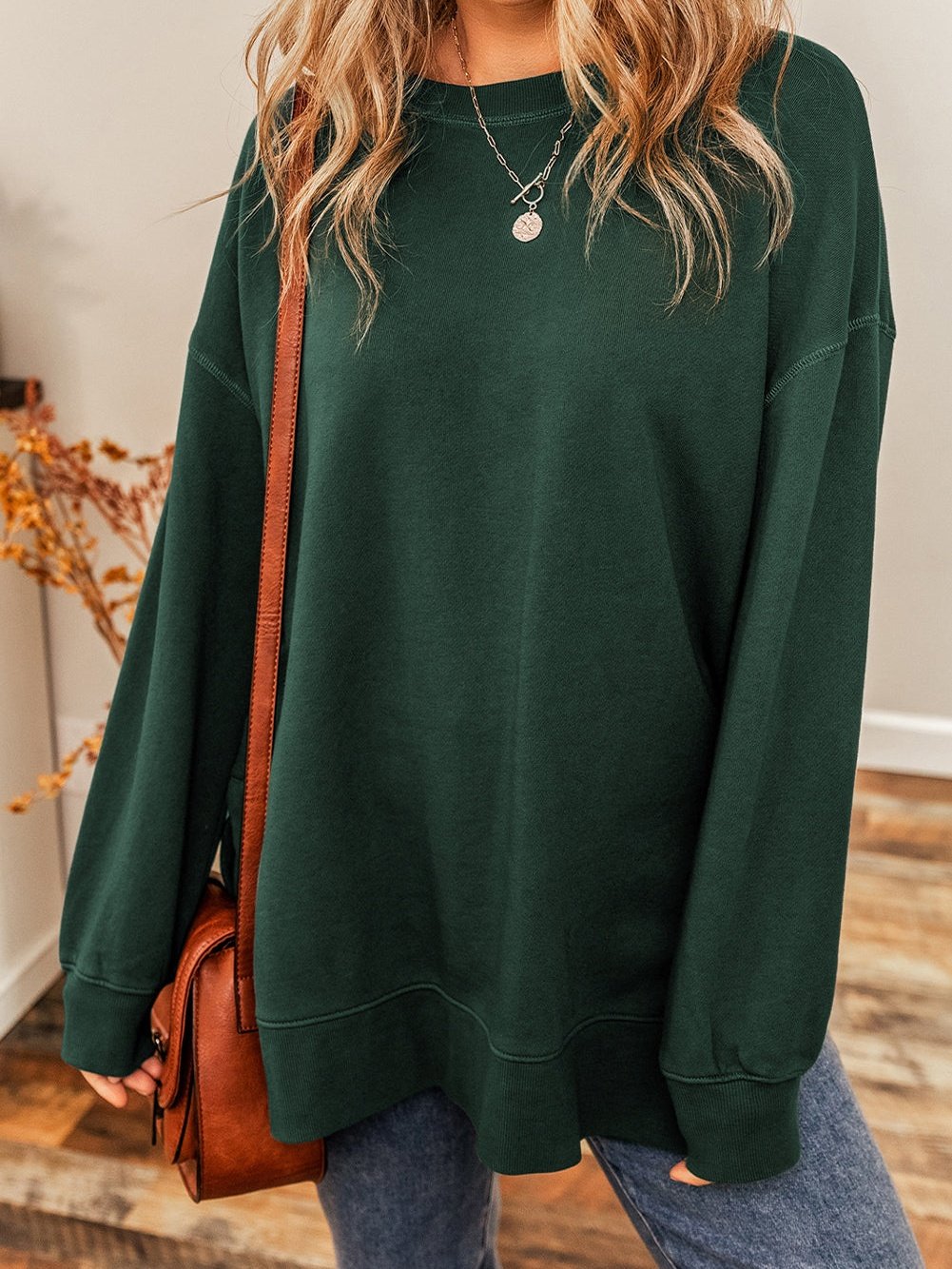 Green Drop Shoulder Split Hem Sweatshirt with Oversized Fit