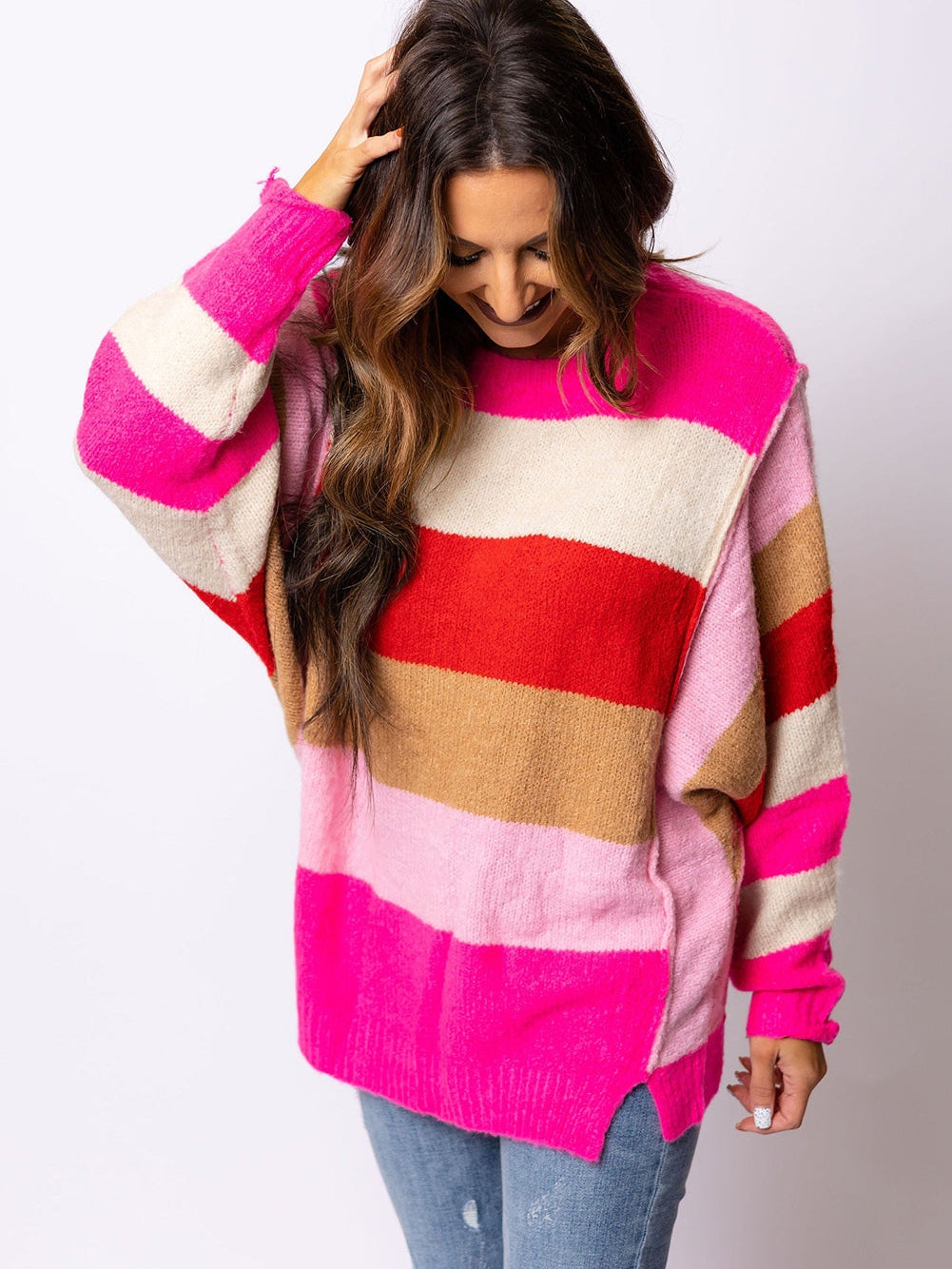 Fiery Red Mix Horizon Stripes Dolman Sleeve Pullover Sweater