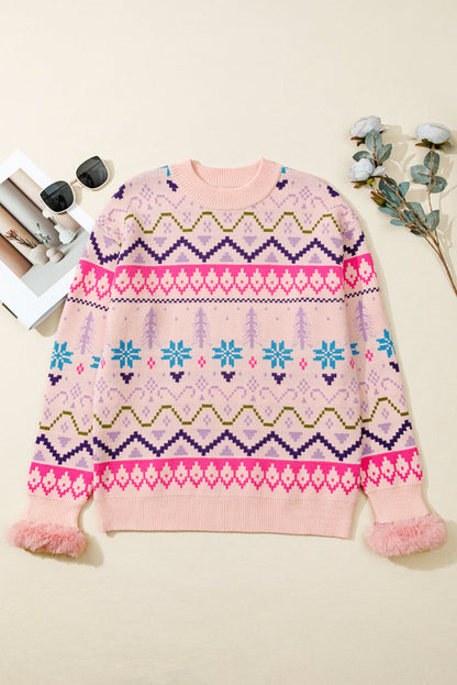 Multicolour Ethnic Christmas Pattern Knit Feather Cuffed Sweater