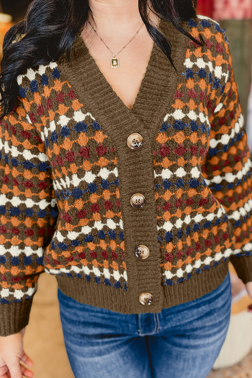 Brown Dotty Pattern Knit Button Front V Neck Sweater Cardigan