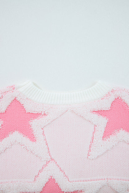 Sachet Pink Oversized Cute Star Pattern Ribbed Edge Drop Shoulder Sweater